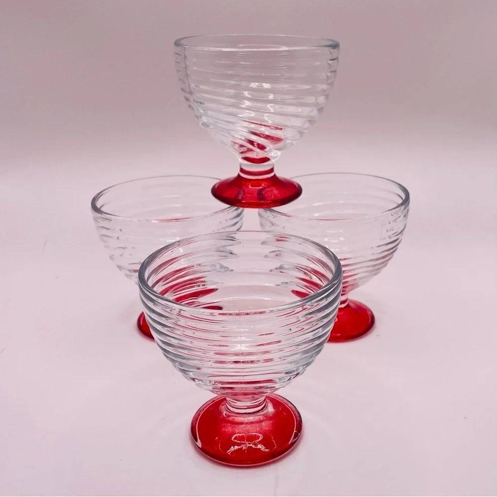 4 Vintage - ARC Swirl MCM / Ribbed Pedestal Dessert Glass Dish Flashed Red Base